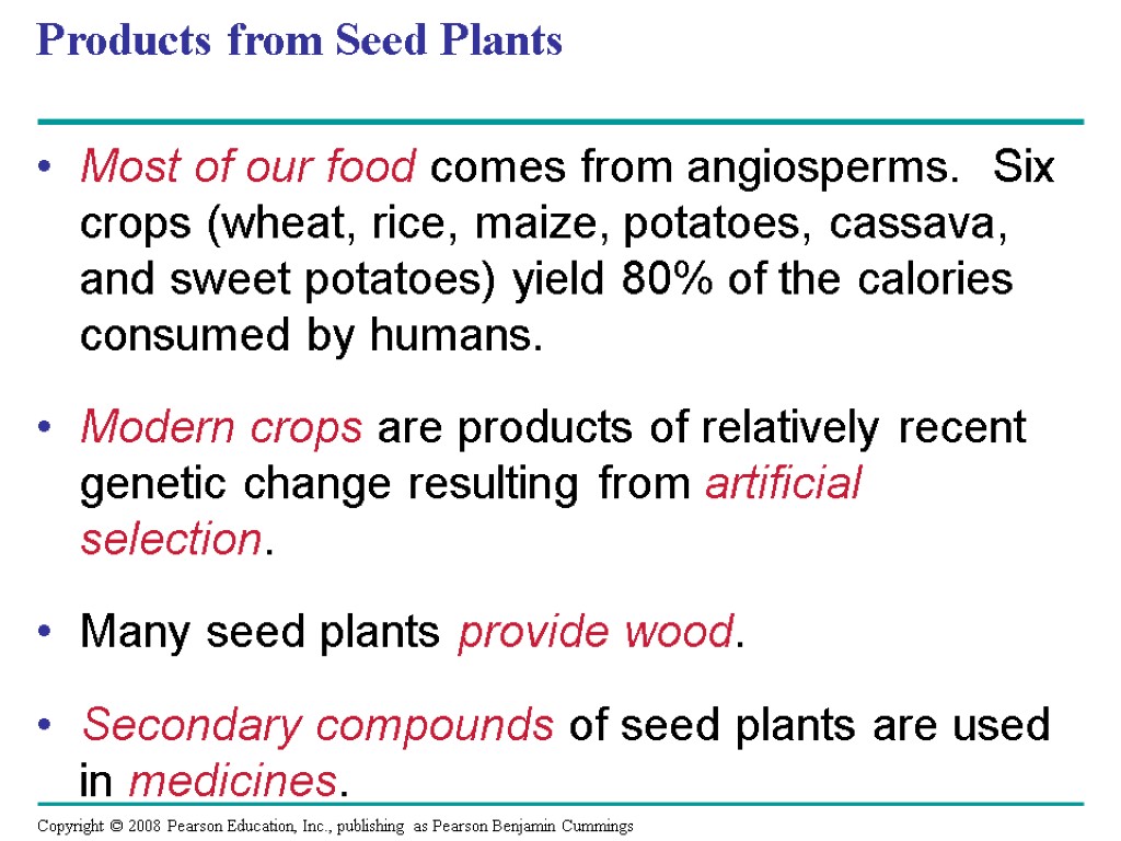 Products from Seed Plants Most of our food comes from angiosperms. Six crops (wheat,